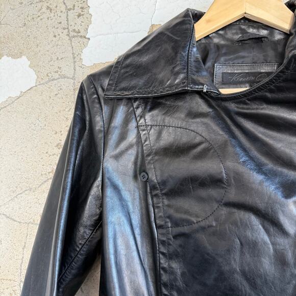 Kenneth Cole New York Genuine Leather Trench Coat Black Belted Jacket Womens S - Picture 3 of 9